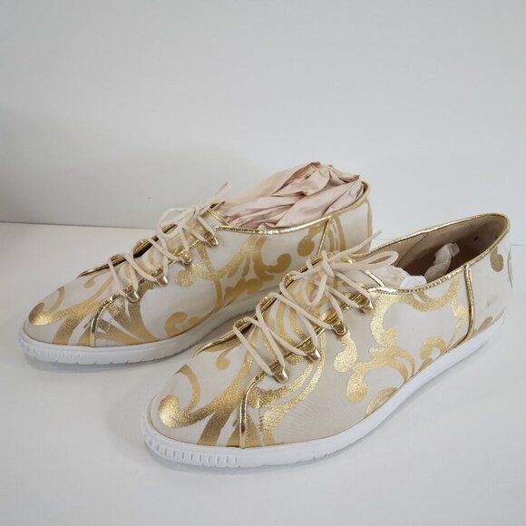Charles Jourdan Paris Cream and Gold Lace Up Sneakers Size 7 - Picture 3 of 15
